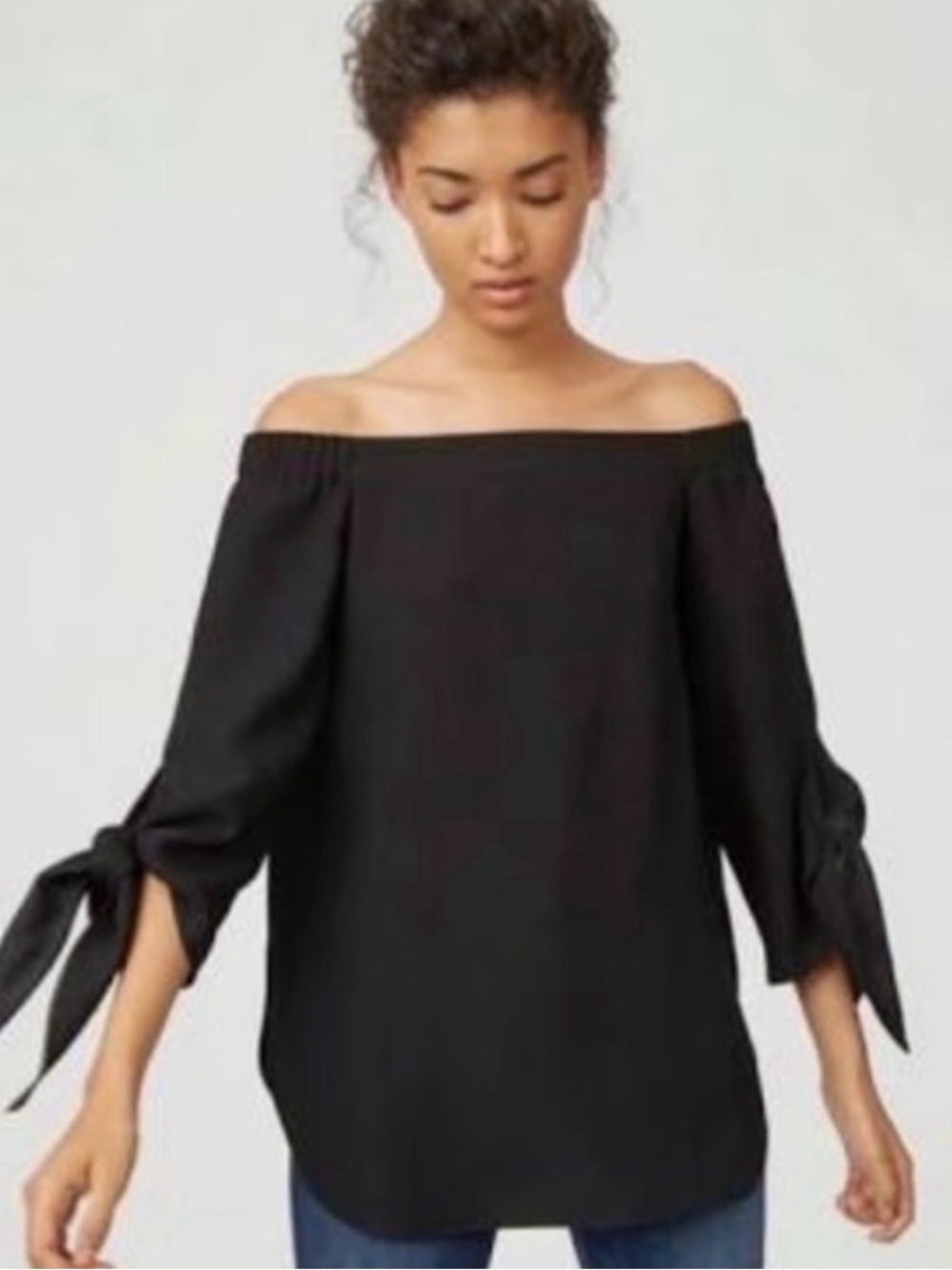 Club Monaco Black Off-the-Shoulder Tie Sleeve Blouse